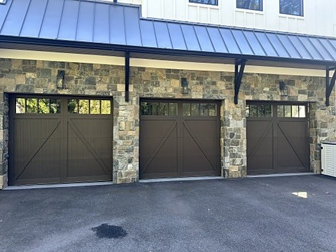 Brown crossbuck carriage-house doors installed by NJ Garage in Haworth, NJ